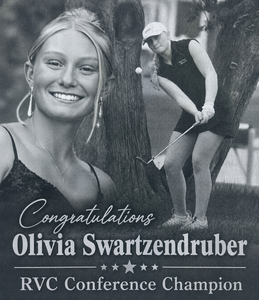 Congratulations to Olivia Swartzendruber for being named RVC Conference Champion! Blended black and white photo of Olivia hitting a golfball out on on the course and Olivia in her prom dress smiling.