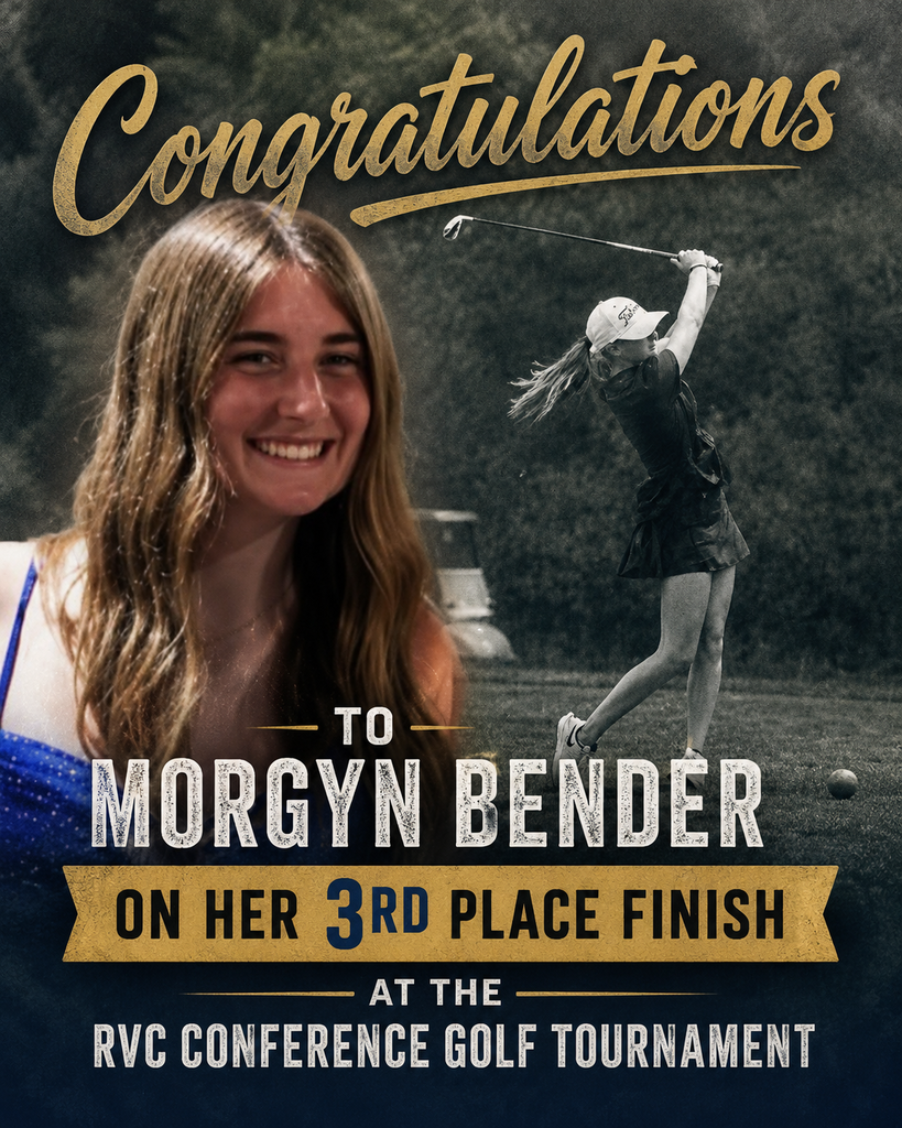 Congratulations to Morgyn Bender on her 3rd place finish at the RVC Conference Golf Tournament! Blended photo of Morgan hitting a golf bal out on the course and another photo wearing a blue prom dress smiling.