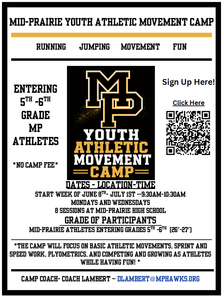 Mid-Prairie youth athletic movement camp running jumping movement fun entering 5th-6th mp athletes no camp fee sign up here mp youth athletic movement camp dates - location - time start week of jun e8th - july 1st 9:30 am - 10:30 am mondays and wednesdays 8 sessions at mid-prairie high school grade of participants mid-prairie athletes entering grades 5th-6th (26/27/) the camp will focus on basic athletic movements, spring, and speed work, plyometrics, and competing and growing as athletes while having fun camp coach - coach lambert - dlambert@mphawks.org