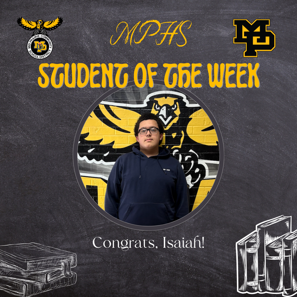 MPHS Student of the Week, Congrats, Isaiah! Isaiah wearing a navy sweatshirt in front of the hawk wall decal