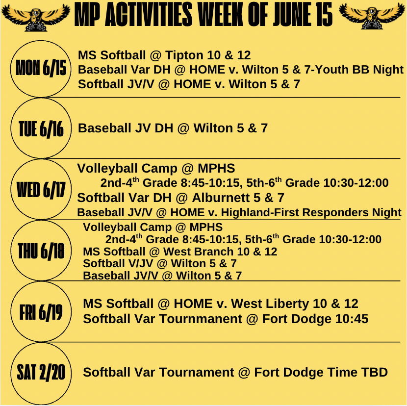 MS Softball @ Tipton 10 & 12 Baseball Var DH @ HOME v. Wilton 5 & 7-Youth BB Night Softball JV/V @ HOME v. Wilton 5 & 7 Volleyball Camp @ MPHS 2nd-4th Grade 8:45-10:15, 5th-6th Grade 10:30-12:00 Softball Var DH @ Alburnett 5 & 7 Baseball JV/V @ HOME v. Highland-First Responders Night Volleyball Camp @ MPHS 2nd-4th Grade 8:45-10:15, 5th-6th Grade 10:30-12:00 MS Softball @ West Branch 10 & 12 Softball V/JV @ Wilton 5 & 7 Baseball JV/V @ Wilton 5 & 7