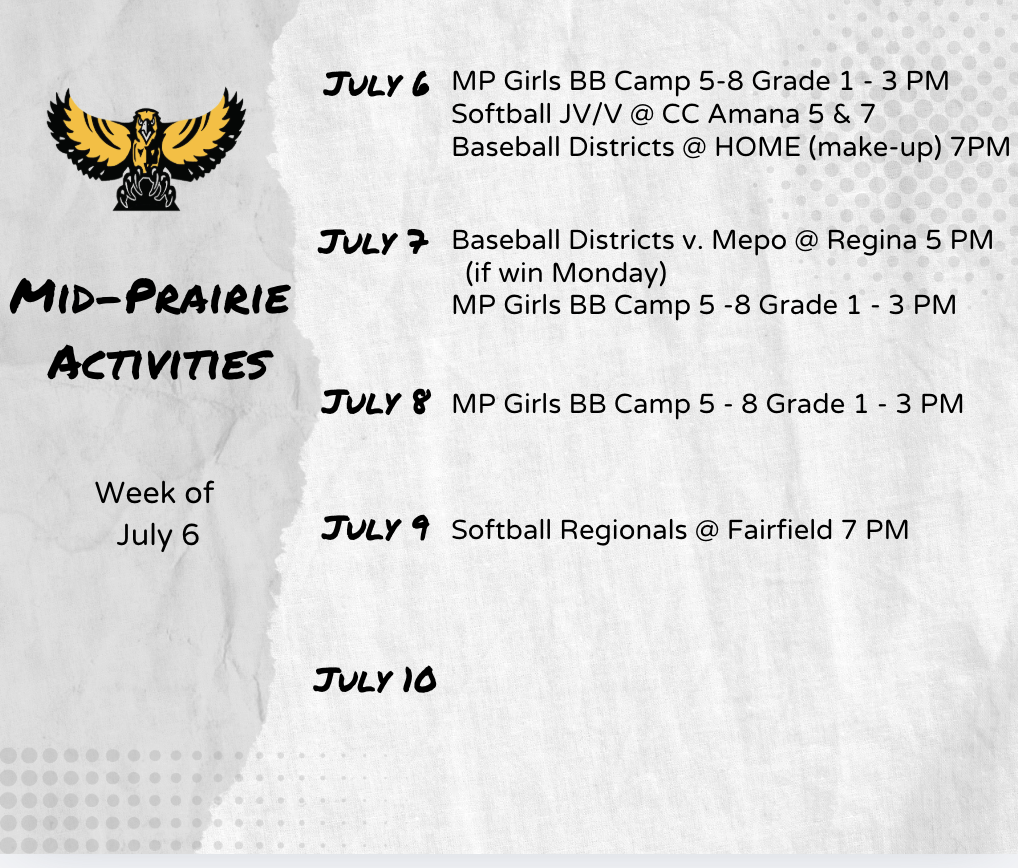 Monday - Softball at CCA, Baseball at Home, MP Girls BB Camp 1-3, Tues - Baseball districts at Regina, Thurs Girls Regional @ Fairfield