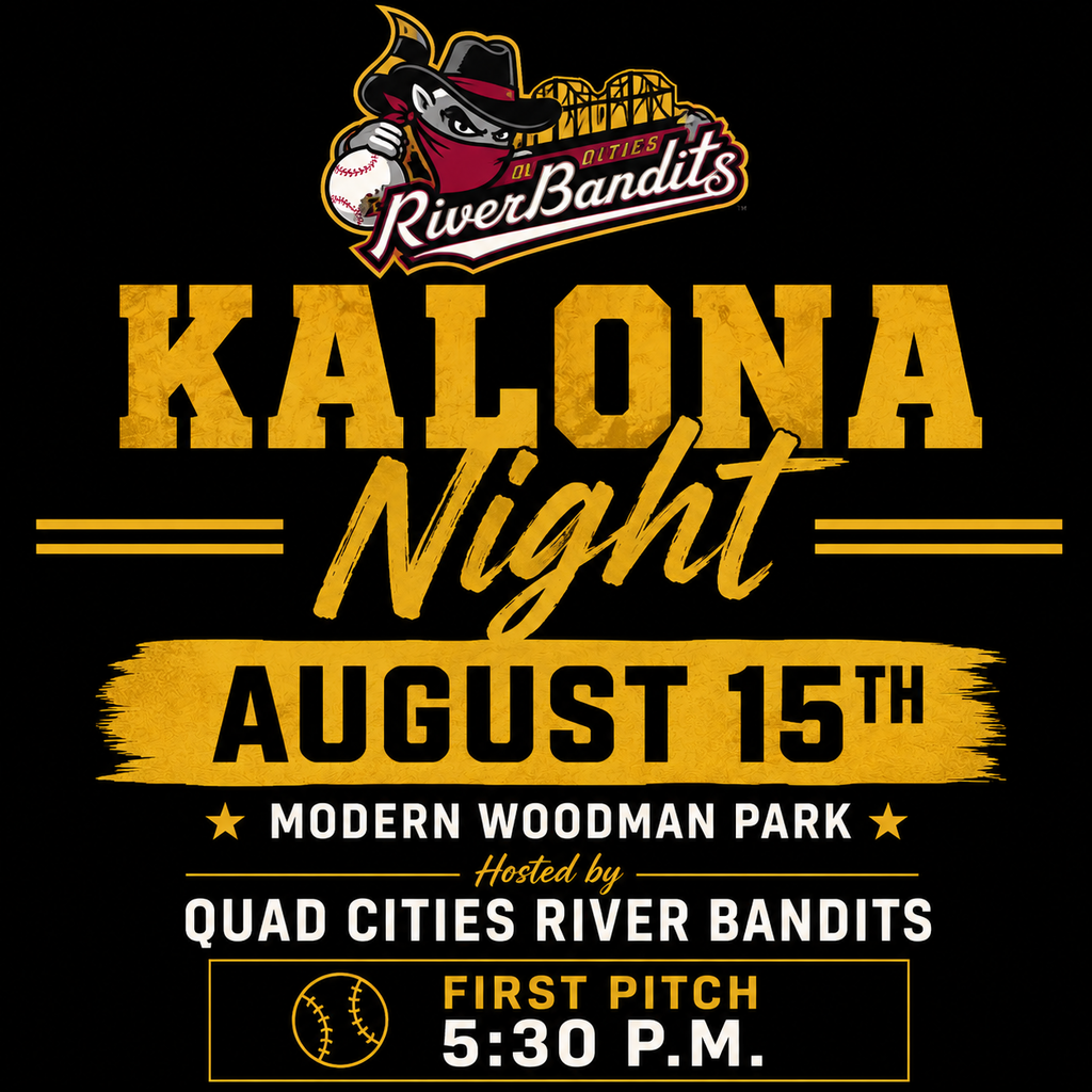 Quad cities river bandits logo; Kalona Night august 15th modern woodman park hosted by quad cities river bandits first pitch 5:30 p.m.