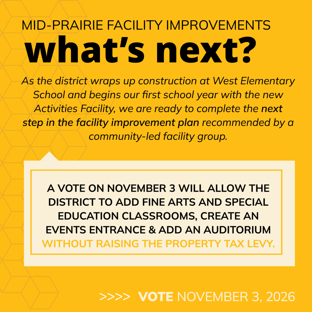 “Mid-Prairie Facility Improvements: What’s Next? As the district wraps up construction at West Elementary School and begins its first school year with the new Activities Facility, Mid-Prairie is ready to complete the next step in the facility improvement plan recommended by a community-led facility group. A vote on November 3 will allow the district to add fine arts and special education classrooms, create an events entrance, and add a 500-seat auditorium without raising the property tax levy. Vote November 3, 2026.”