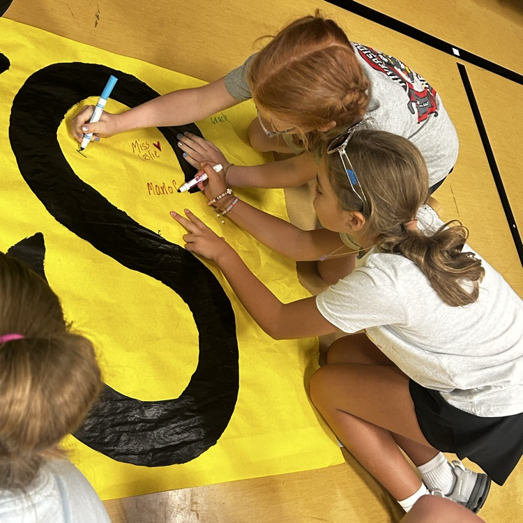 students signing go hawks banner