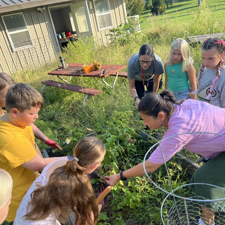 students with gloves on working in a garden plot