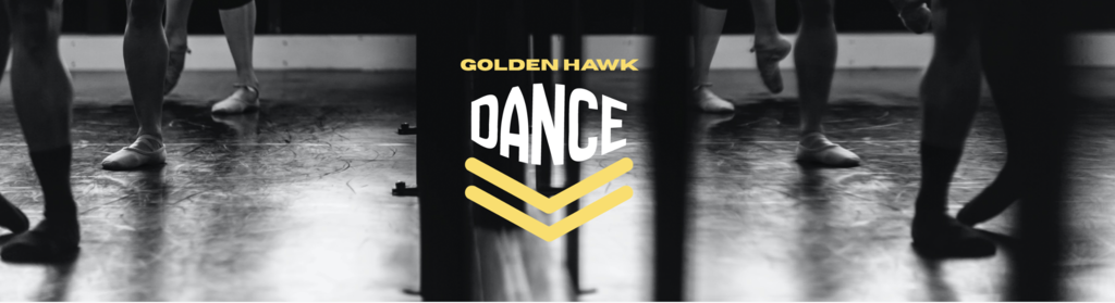 GoldenHawk DANCE in gold and white with ballet dancer legs in the background in black and white