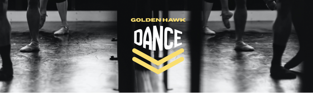GoldenHawk DANCE in gold and white with ballet dancer legs in the background in black and white