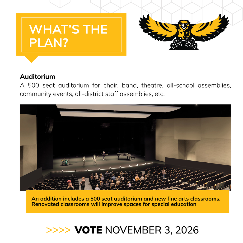 Graphic promoting the Mid-Prairie Community School District’s proposed facility plan and November 3, 2026 bond vote. The graphic features the Mid-Prairie Golden Hawks logo and a large yellow heading reading “WHAT’S THE PLAN?” The main section is titled “Auditorium” and states: “A 500 seat auditorium for choir, band, theatre, all-school assemblies, community events, all-district staff assemblies, etc.” Below the text is a rendering of a 500-seat auditorium with rows of seating facing a stage with musical performers. A yellow banner beneath the image reads: “An addition includes a 500 seat auditorium and new fine arts classrooms. Renovated classrooms will improve spaces for special education.” The bottom of the graphic reads “>>> VOTE NOVEMBER 3, 2026.” The background is white with a subtle light-gray geometric cube pattern.