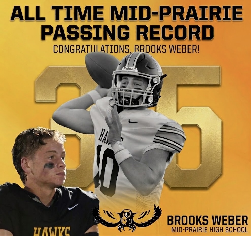 Congratulatory image featuring a picture of Brooks Weber in a white MP football uniform #10 throwing the football and a secondary picture of him wearing a black jersey; text reads:All Time Mid-Prairie Passing Record Congratulations, Brooks Weber! 35 Brooks Weber Mid-Prairie High School