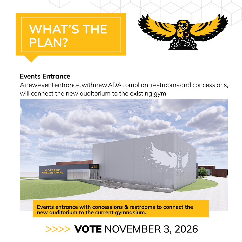 Image Overview: An informational graphic and architectural rendering detailing a facility plan for the Mid-Prairie Golden Hawks, concluding with a call to vote on November 3, 2026.Visual Elements:Top Left: A yellow speech bubble containing the white text, "WHAT'S THE PLAN?"Top Right: The Mid-Prairie Golden Hawks school logo, featuring a black and yellow hawk with wings spread.Center Rendering: A 3D digital architectural illustration of a large, modern grey building with a white hawk graphic on the side. A curved glass entryway is labeled "EVENT ENTRANCE" and "MID-PRAIRIE GOLDEN HAWKS."Bottom Border: A bright yellow horizontal bar matching the top speech bubble.Text Content:Main Heading: "Events Entrance"Body Paragraph: "A new event entrance, with new ADA compliant restrooms and concessions, will connect the new auditorium to the existing gym."Caption (in the yellow bar): "Events entrance with concessions & restrooms to connect the new auditorium to the current gymnasium."Footer Call to Action: ">>>> VOTE NOVEMBER 3, 2026"