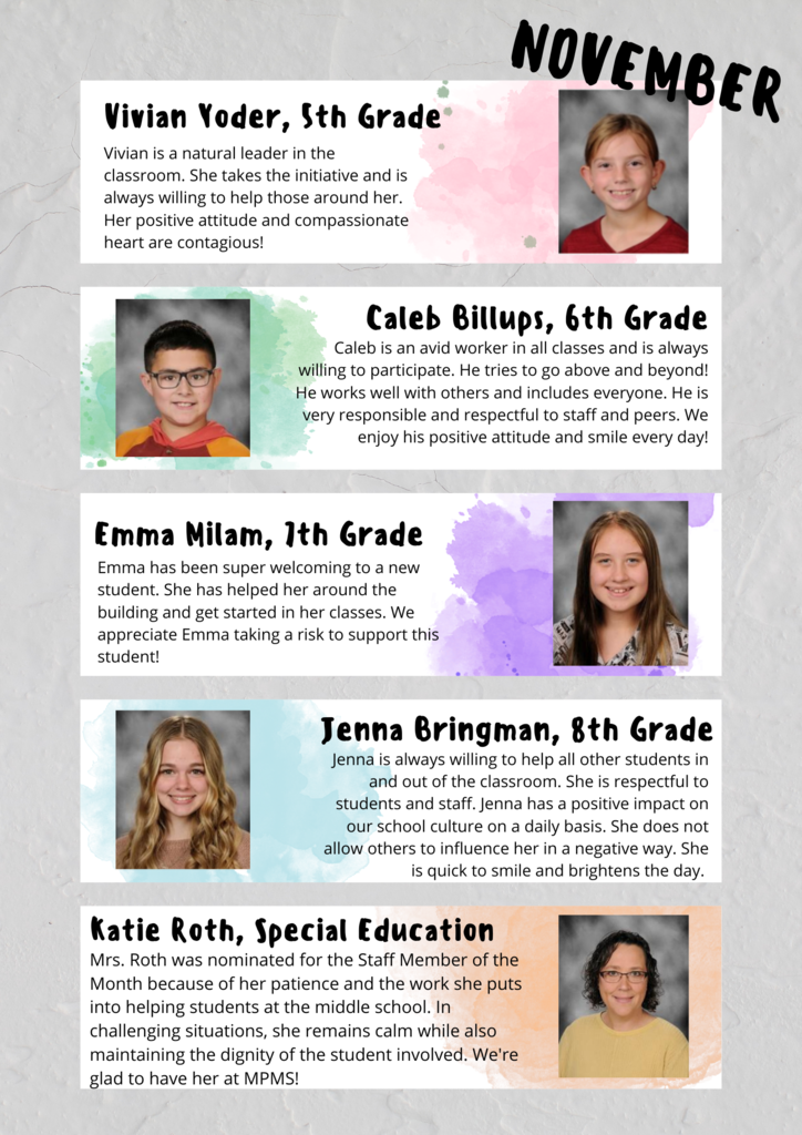 Vivian Yoder, Caleb Billups, Emma Milam, Jenna Bringman, Katie Roth