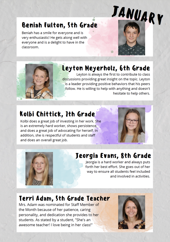 Mid-Prairie Middle School Students and Staff Member of the Month: Beniah Fulton, Leyton Meyerholz, Kolbi Chittick, Jeorgia Evans, Terri Adam