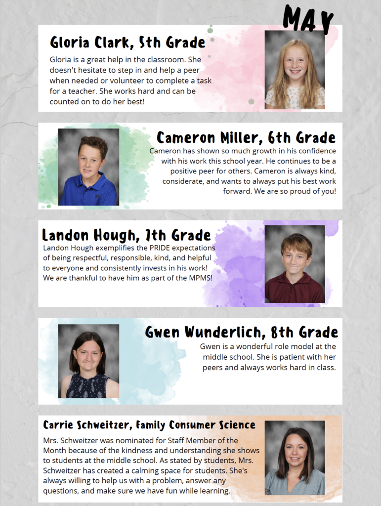 MPMS Students and Staff Member of the Month for May - Gloria Clark, Cameron Miller, Landon Hough, Gwen Wunderlich, Carrie Schweitzer