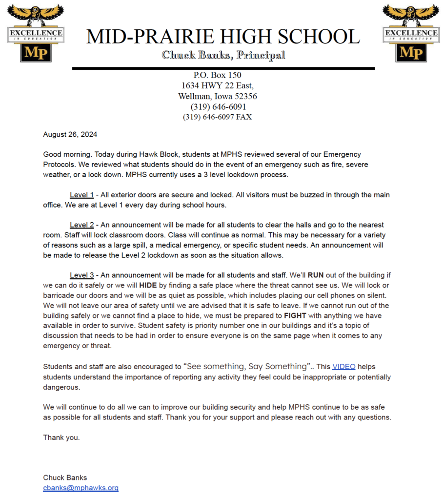 Principal letter about school safety