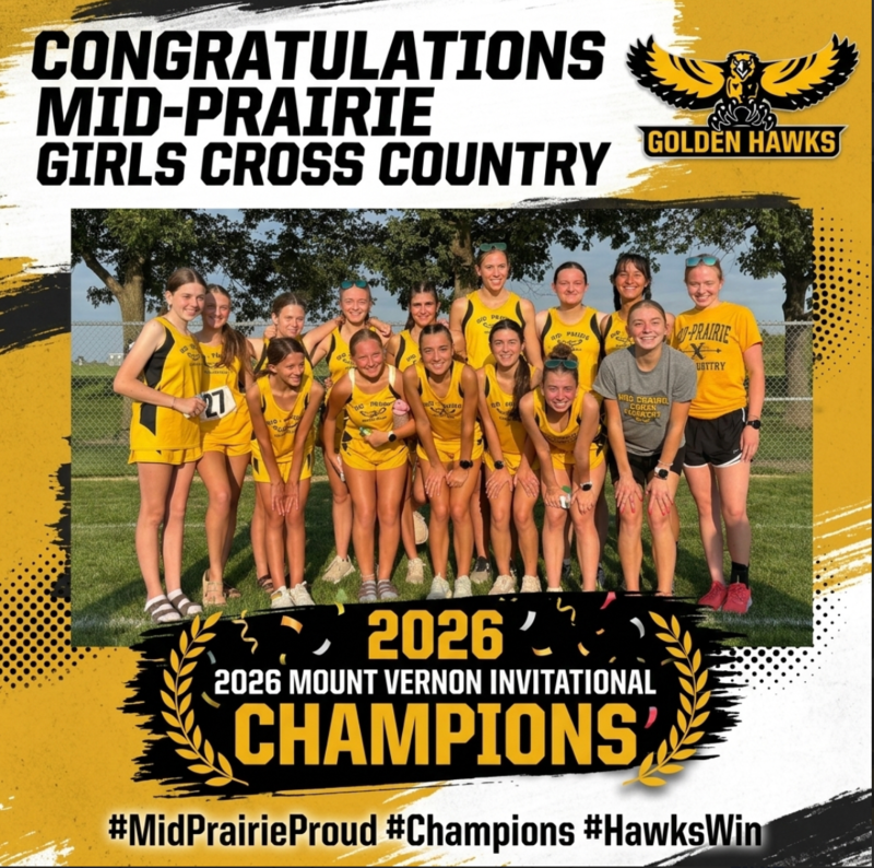 image of MP girls cross country team grouped together; text on image reads: congratulations mid-prairie girls cross country golden hawks 2026 2026 mount vernon invitational champions #midprairieproud #champions #hawkswin