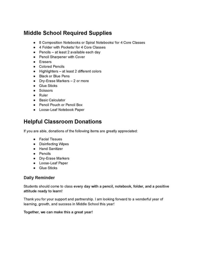 Middle School Supply List