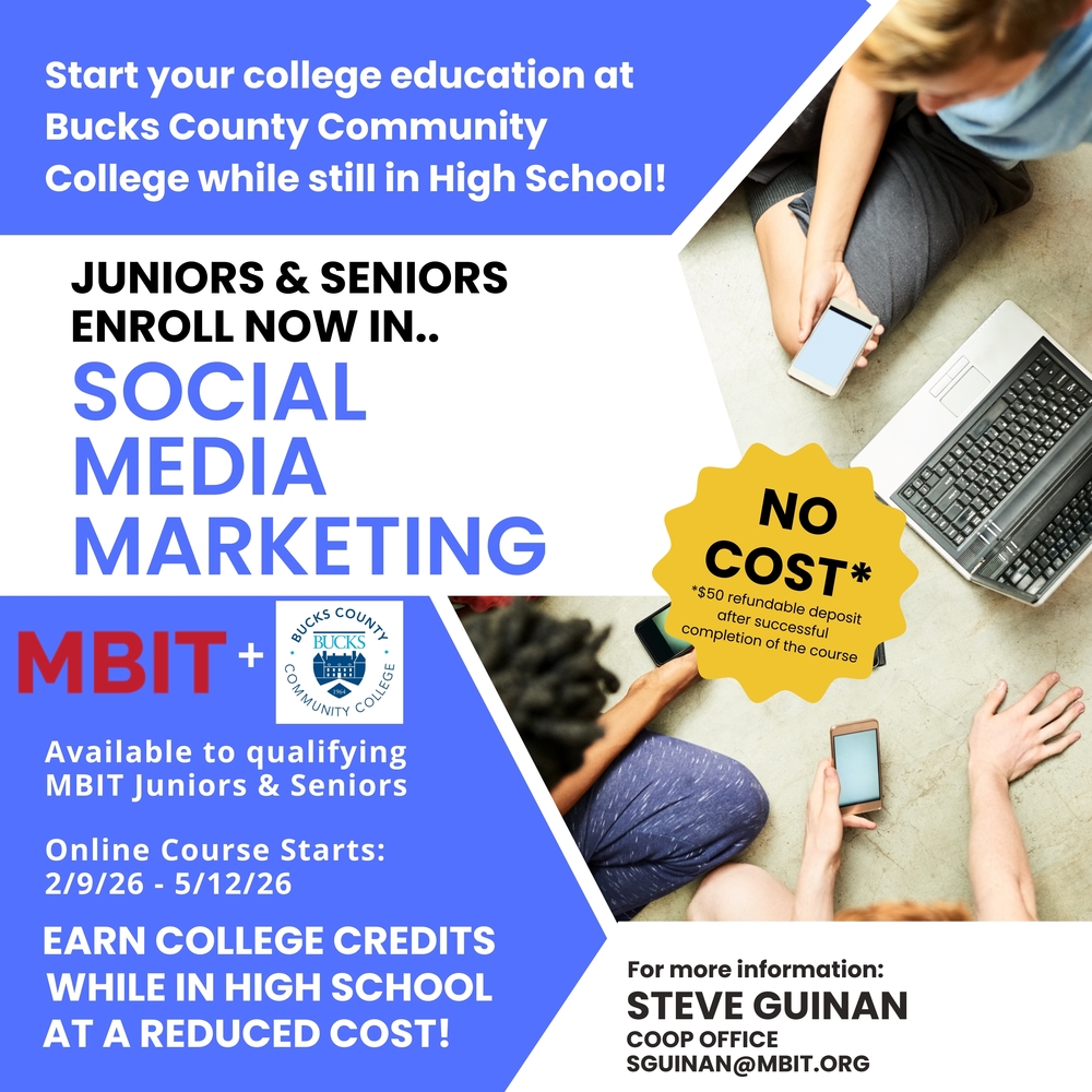 College credit energy is loading 🔥 MBIT juniors & seniors—this one’s a win. The Social Media Marketing online course runs February 9 – May 12 and gives you the chance to earn college credits while still in high school at a reduced cost. If you’re thinking business, branding, content creation, or digital strategy, this course makes sense. 📍 Stop by the Co-op Office and see Mr. Guinan for details. #aMBITion #BucksCounty #HighSchool #CAREERTECHED #CTEWorks #CollegeCredits #EarnWhileYouLearn #DigitalMarketing #SocialMediaMarketing #FutureReady