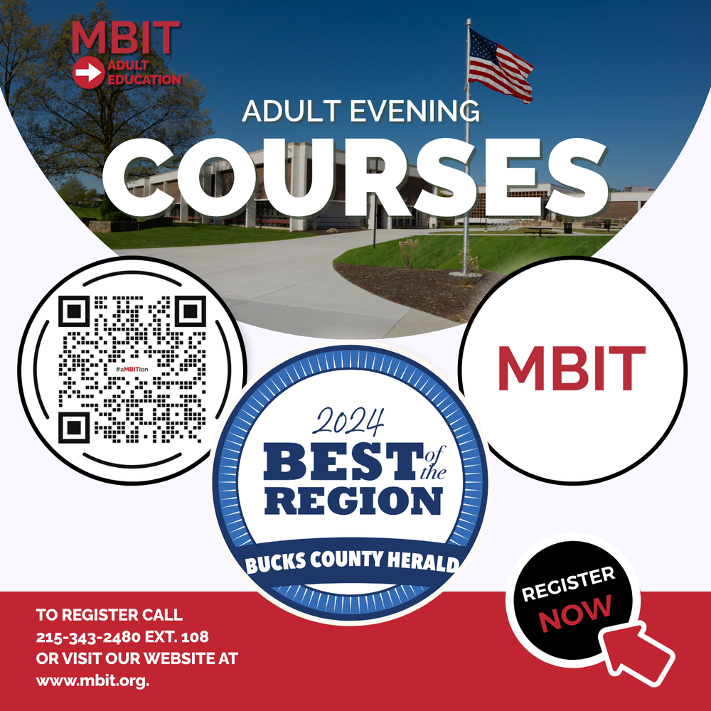 This is a graphic that says adult evening courses it has AQR code that goes to our link tree has best of region for adult learning MBAT logo registered now as a