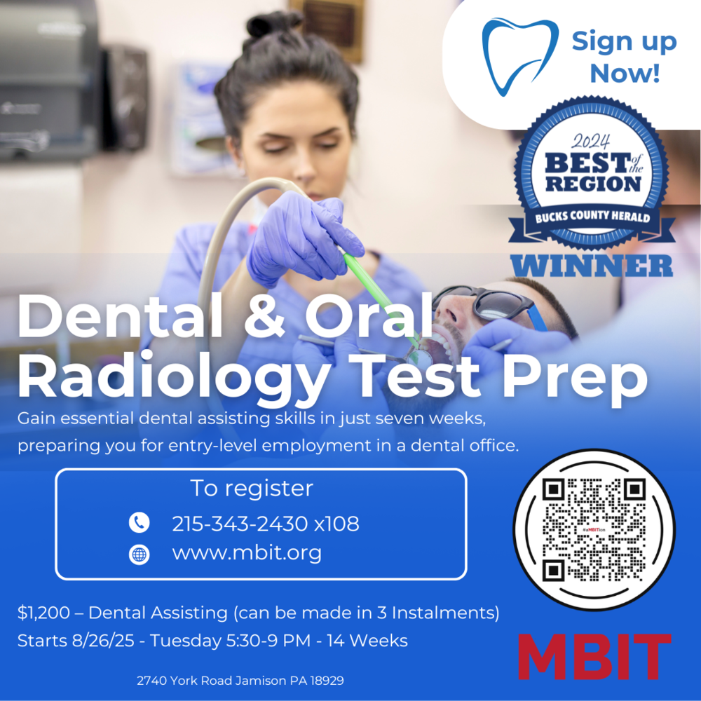 This is a graphic advertising the dental and oral radiology test prep for adult education program it has a student working in dental talks about registration and visiting our website for the registration