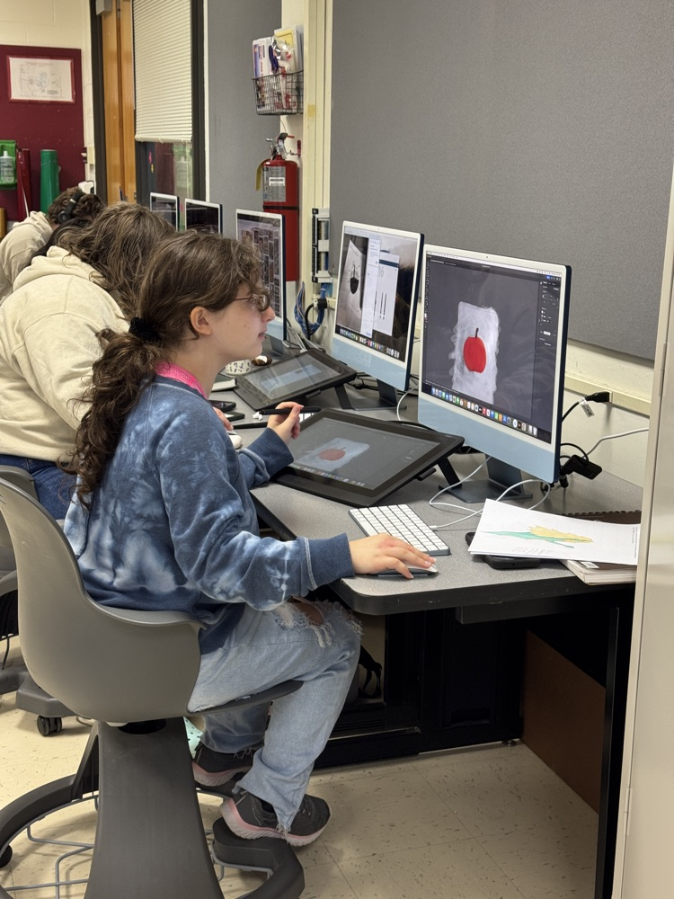 Picture of the student sitting on her desk working on a computer