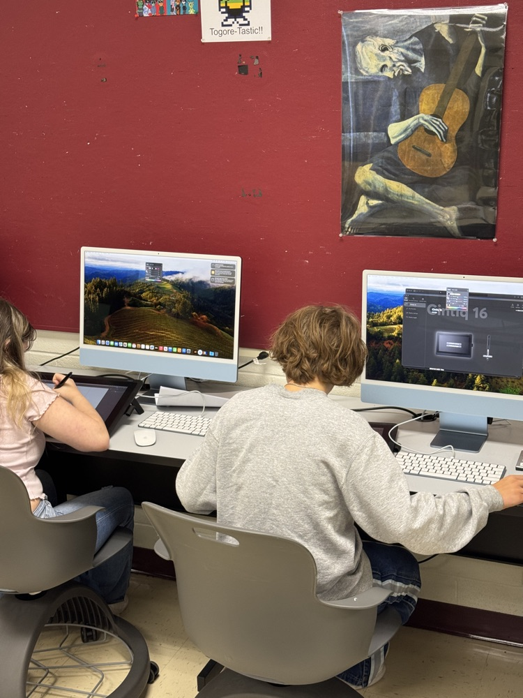 Picture of two students working at their desks on a computer