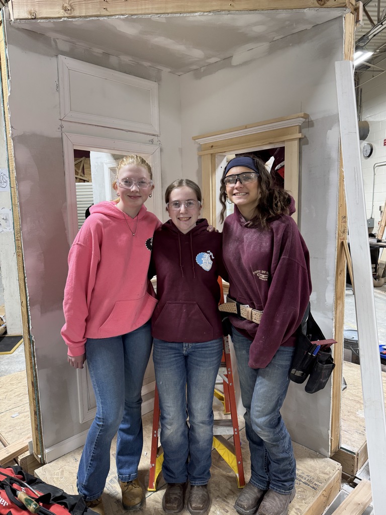 Is the group photo of the construction carpentry. Students, females and they all have safety glasses on, smiles on their face. One has a pink sweatshirt. Two have burgundy sweatshirts on. They have tool belts on and jeans