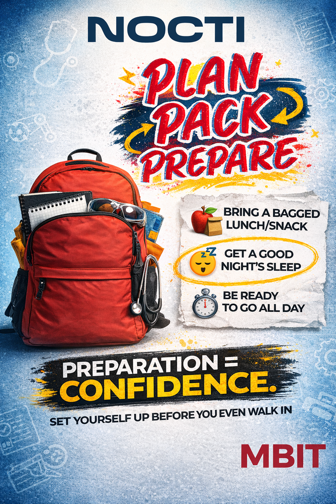 This is an octographic, says plan, pack and prepare. It's red backpack with a bunch of items like sunglasses, notepads. Bring a pack of lunch, get a good night's sleep, be ready to go all day preparation equals