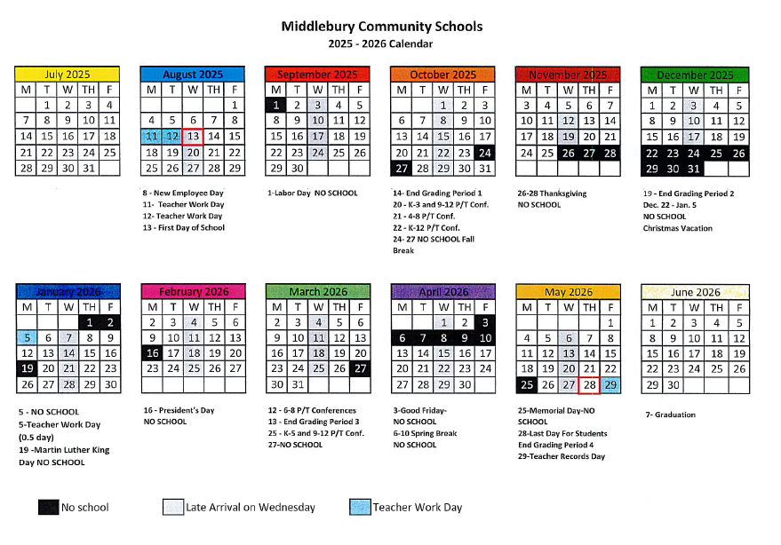 2025-2026 School Calendar | Middlebury Elementary School