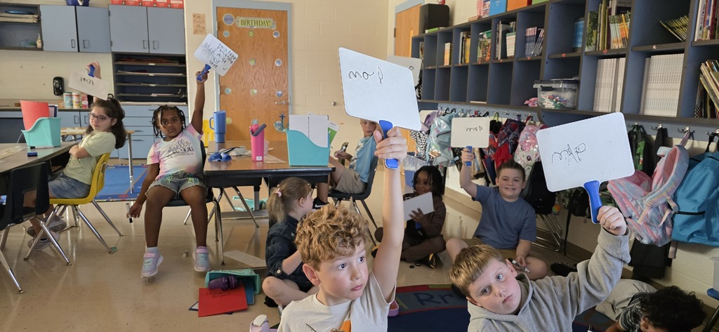 A group of students using dry erase boards to show answers.