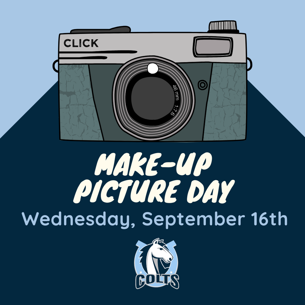 Make-Up Picture Day graphic for Wednesday, September 16th, featuring a vintage camera illustration and the Colts mascot logo.