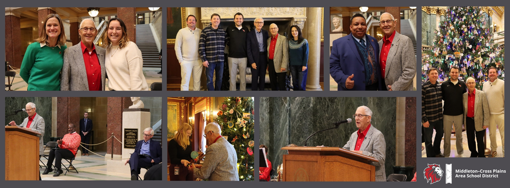 Photo collage of Mr. Peanuts during holiday tree lighting ceremony at the Wisconsin State Capitol