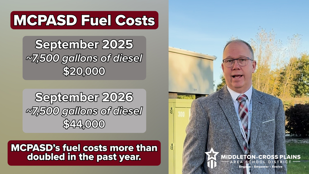 Image of Jerrud Rossing next to display of MCPASD's fuel costs from September 2025 to September 2026