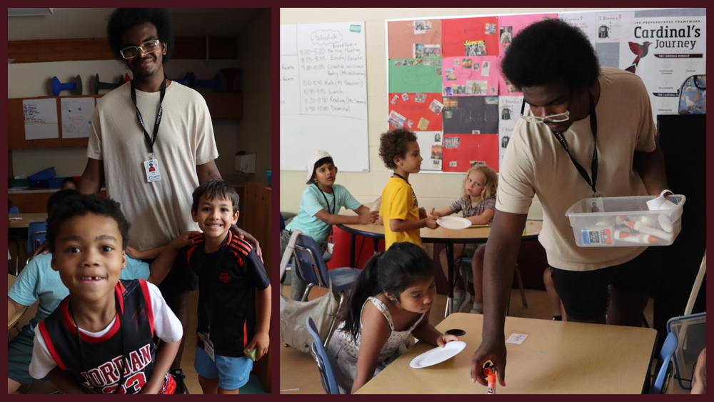 Photos of students and staff smiling and working on art projects