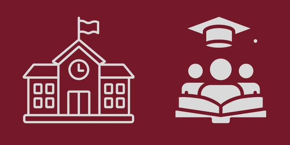 Red background with icons of a school building, students reading, and a graduation cap