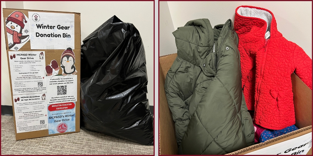 Donation bin and items for the Winter Gear Giveaway