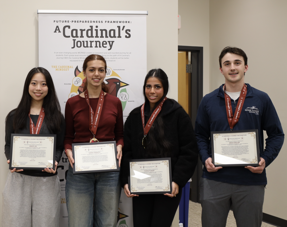 Grace Lee, Sanaa Waraich, Tvisha Pundir, and Brad Koeller holding their Cardinal's Journey Awards and smiling
