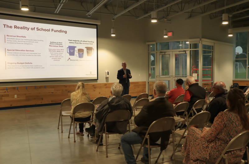 Jerrud Rossing discussing school funding during a referendum community engagement meeting