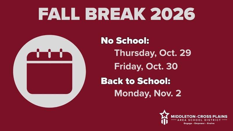 Red background with a calendar icon showing MCPASD's 2026 Fall Break schedule