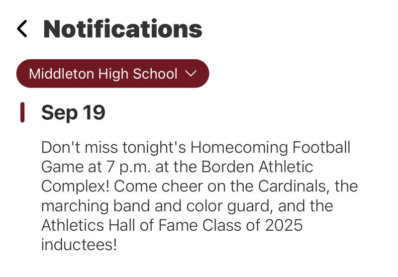 Screenshot of MCPASD app notification for Middleton High School about the 2025 Homecoming Football Game