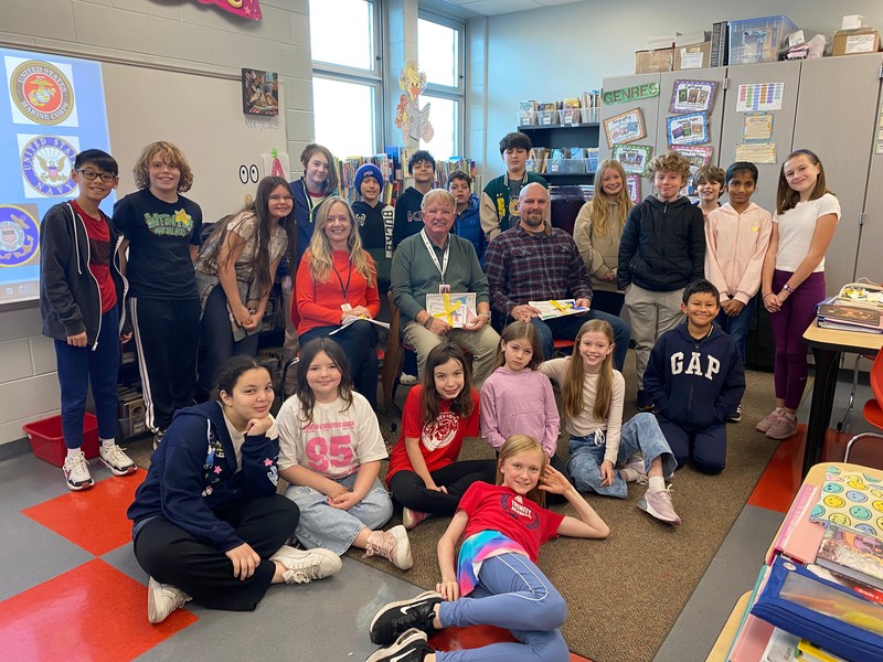 Fifth-grade students with MCPASD Assistant Transportation Manager Raye LaFave, Board of Education President Bob Hesselbein, and Safety and Security Coordinator Asher Torbeck