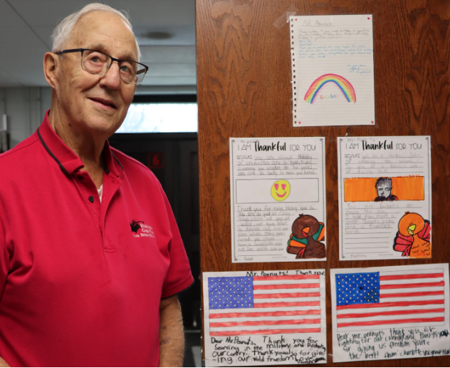 Mr. Peanuts with drawings students gave him