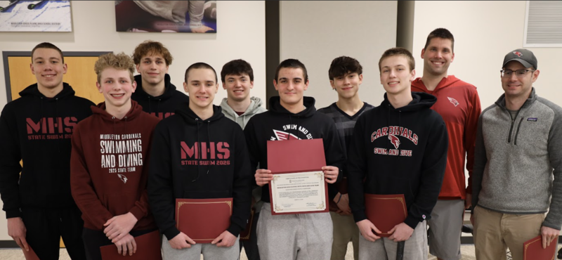 boys swim and dive team smiling