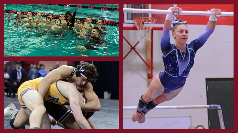 Photo collage of MHS Boys Swim and Dive team, wrestler Reed Falk, and gymnast Aspen Goth