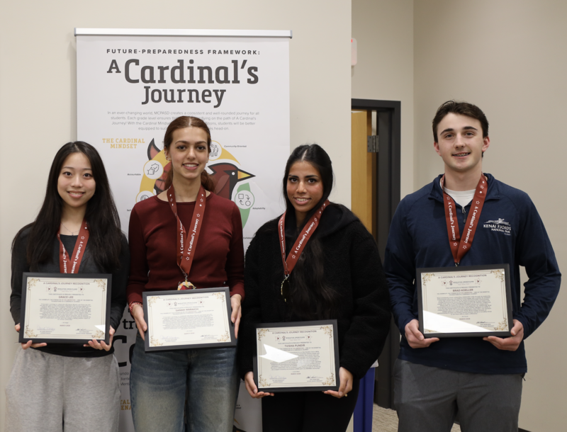 Grace Lee, Sanaa Waraich, Tvisha Pundir, and Brad Koeller holding their Cardinal's Journey awards