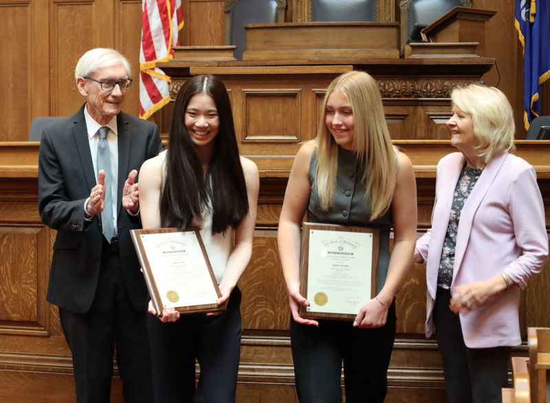 Governor Evers, Sophia Chen, Sophia Pientka  and First Lady Kathy Evers
