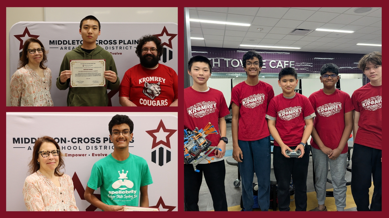 Collage showing MCPASD staff and students Arthur Wang, Arnav Vempati, and Kromrey Middle School robotics team members during recent recognition events and competitions