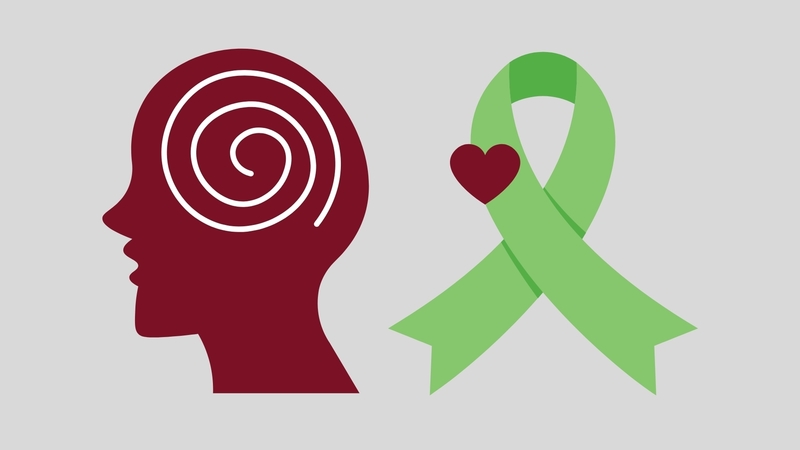 Graphic with a an outline of a person's head next to a green ribbon representing mental health awareness