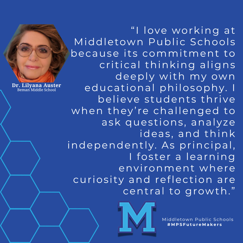 A woman with brown hair and glasses and an orange scarf. The image includes a quote from the woman and school branding.