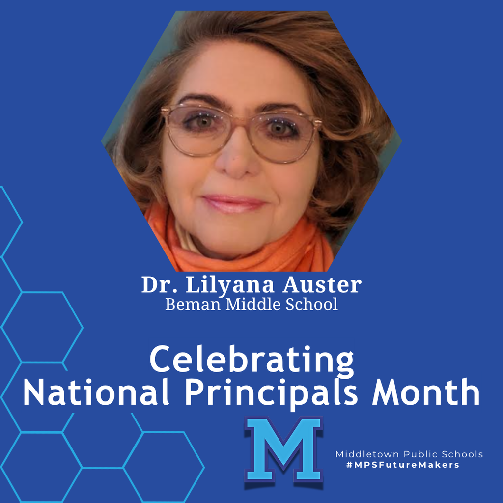 A woman with brown hair and glasses and an orange scarf. The image celebrates National Principals Month and includes school branding.